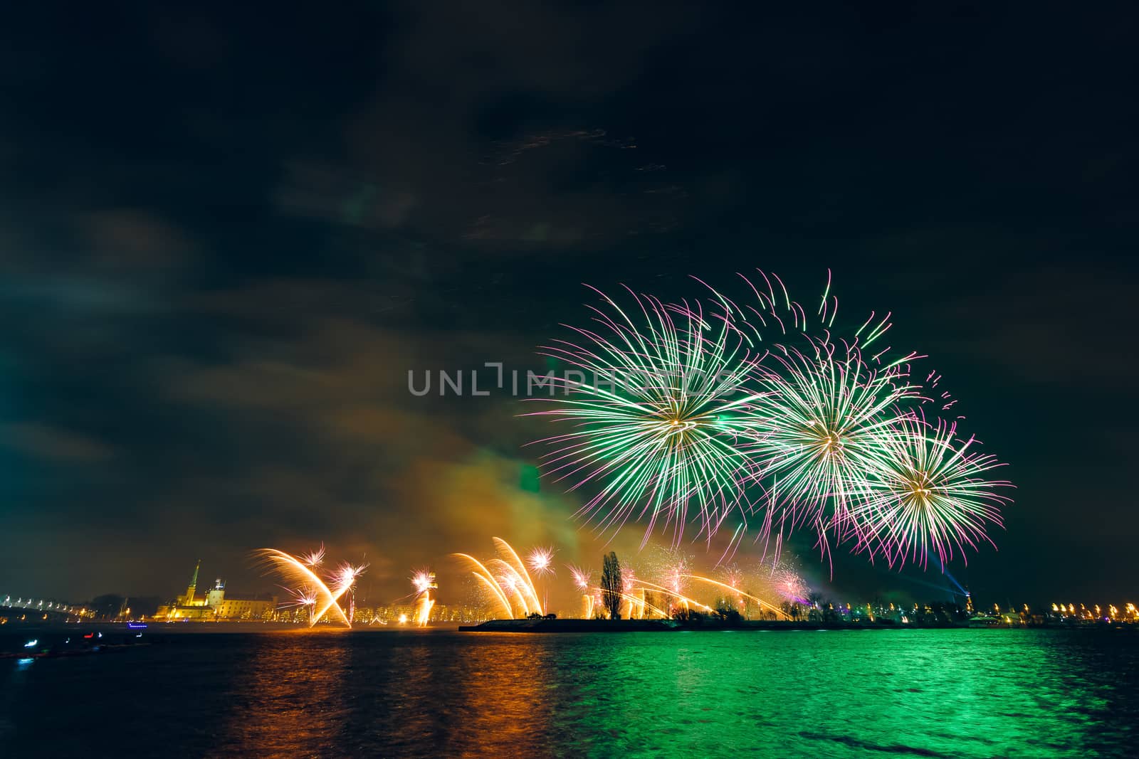 Colored New Year fireworks in centre of Riga