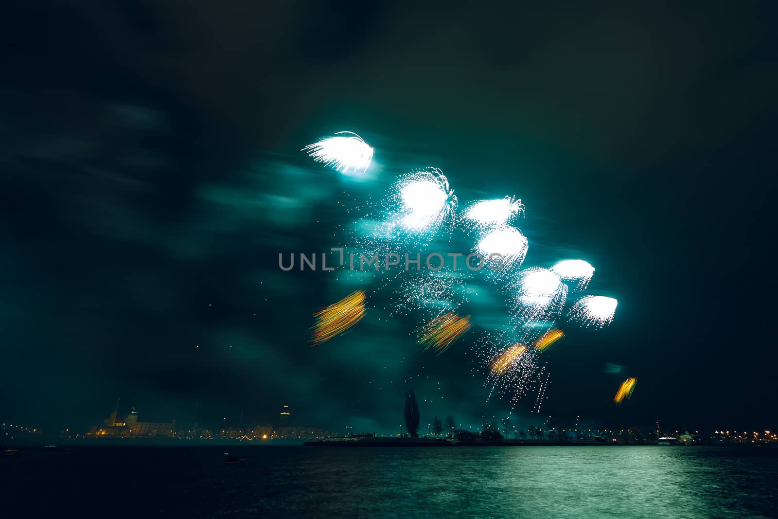 Colored New Year fireworks in centre of Riga