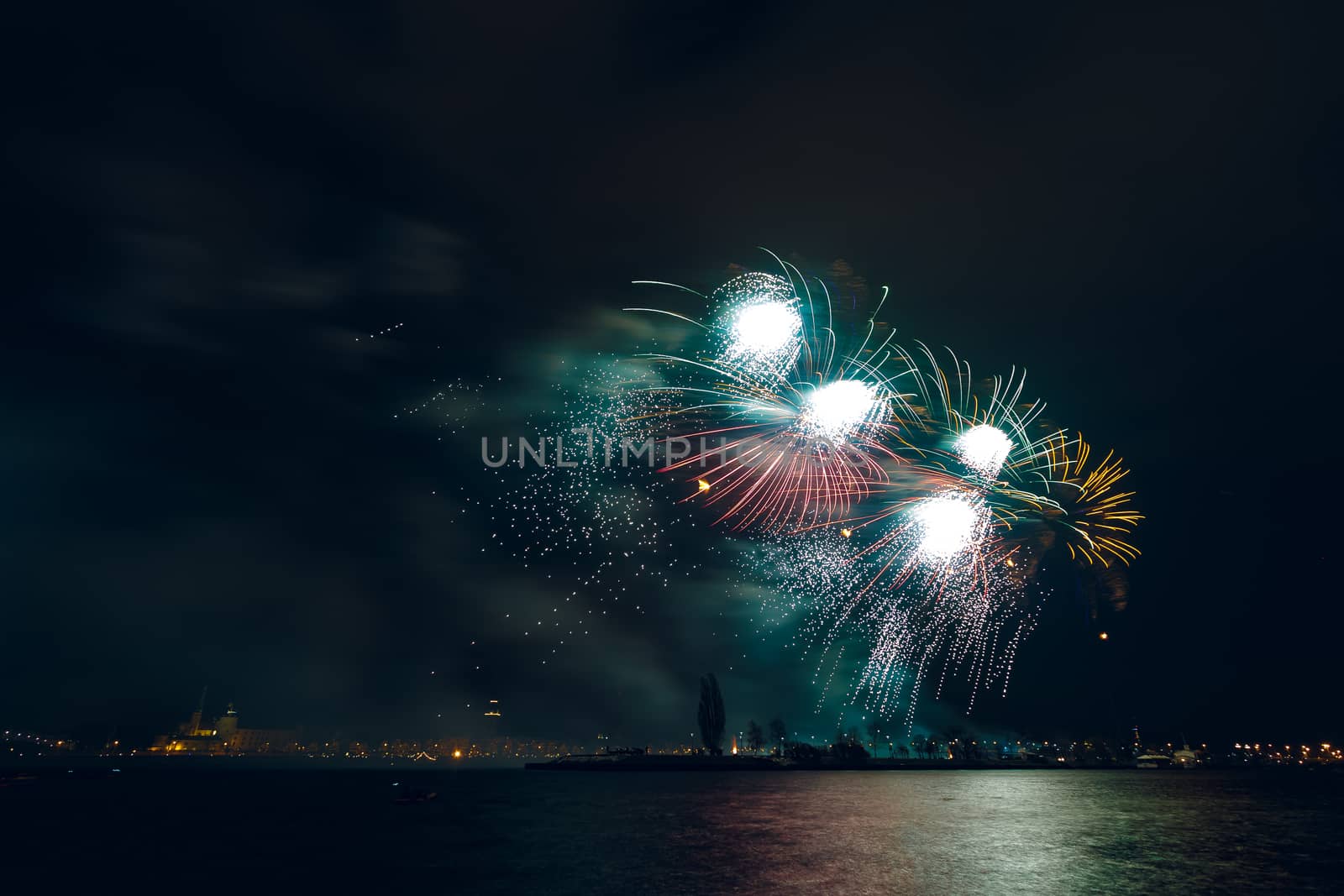 Colored New Year fireworks in centre of Riga