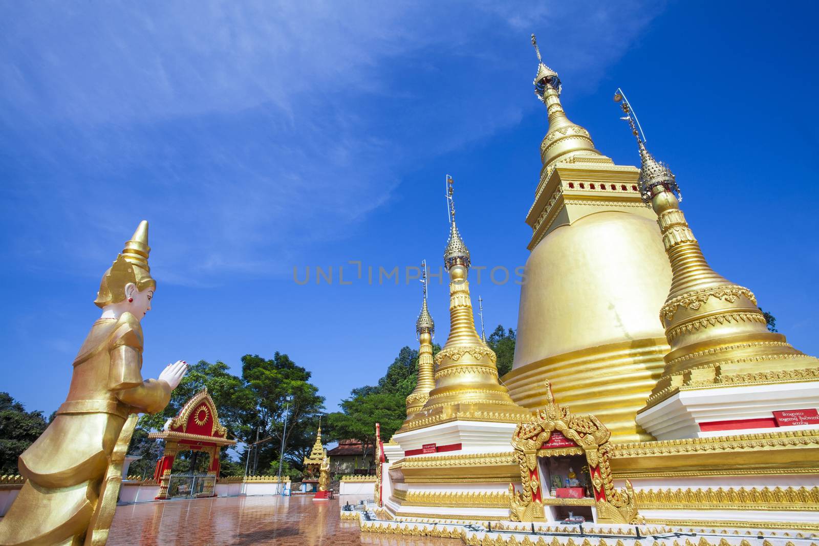 Golden pagoda at Wat Varee Banpot, Wat Bang Non,Ranong Province,Ancient Thai temple, golden pagoda  the beautiful Burmese and thai respect of everyone.