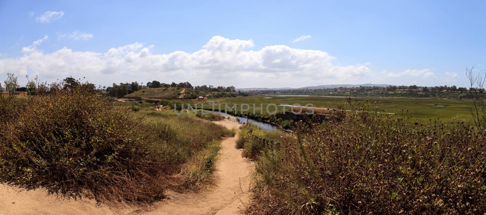 Upper Newport Bay Nature Preserve hiking trail winds along the marsh, where you will see wildlife in Newport Beach, California USA