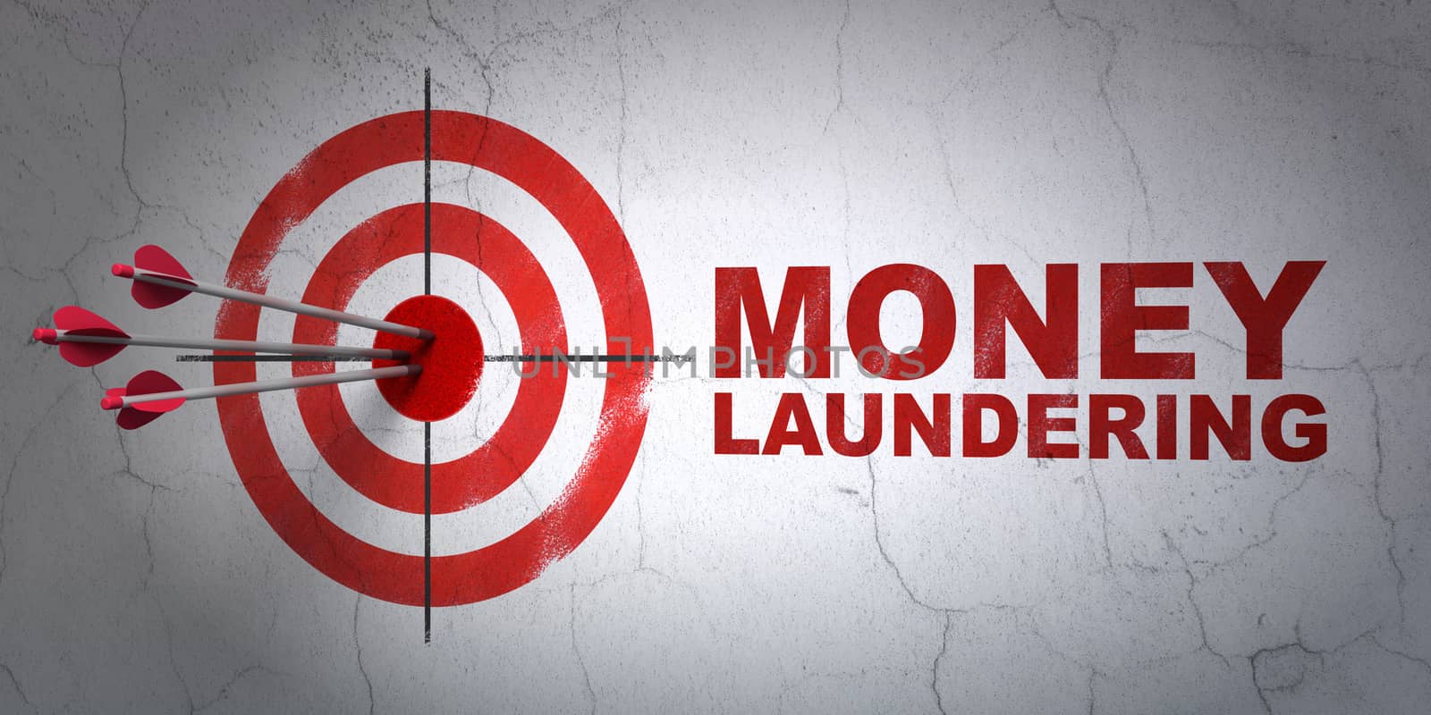 Success currency concept: arrows hitting the center of target, Red Money Laundering on wall background, 3D rendering