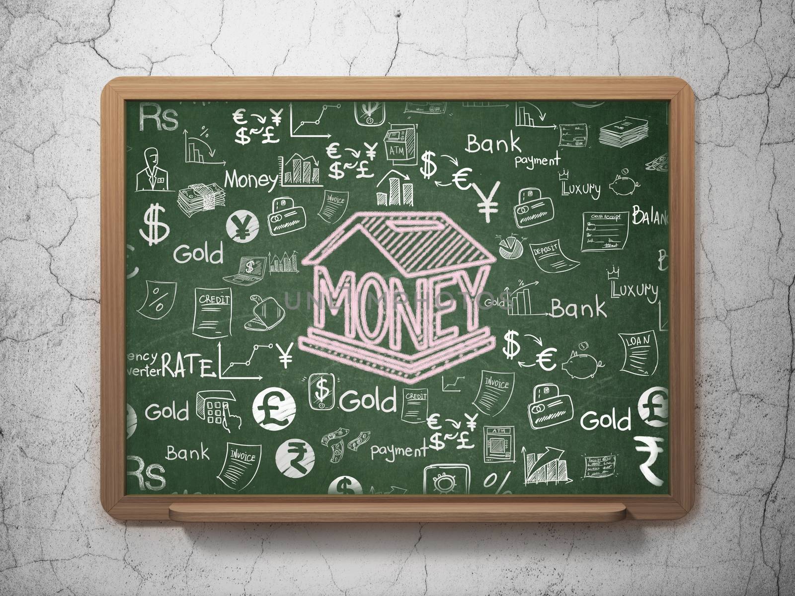 Banking concept: Chalk Pink Money Box icon on School board background with  Hand Drawn Finance Icons, 3D Rendering