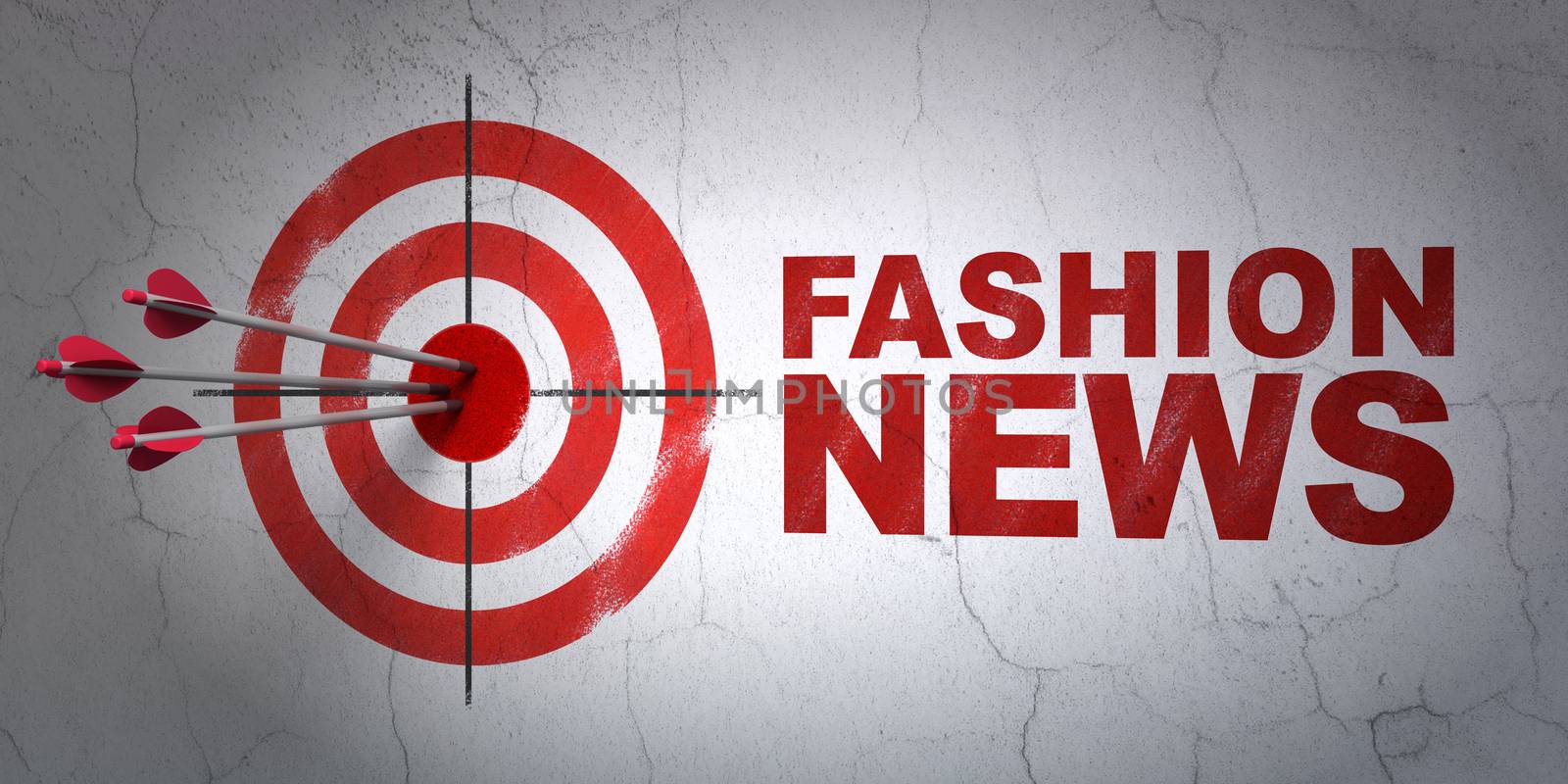 Success news concept: arrows hitting the center of target, Red Fashion News on wall background, 3D rendering