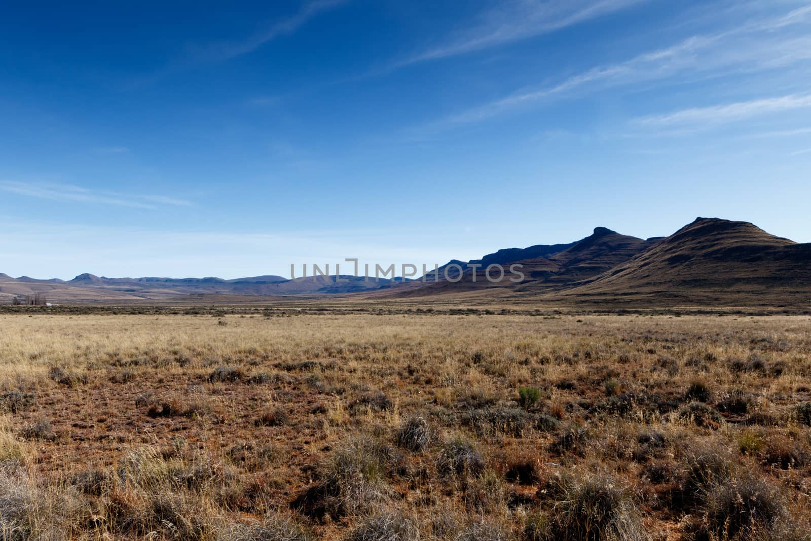 Graaff-Reinet with yellow fields and  mountains with blue sky in South Africa.