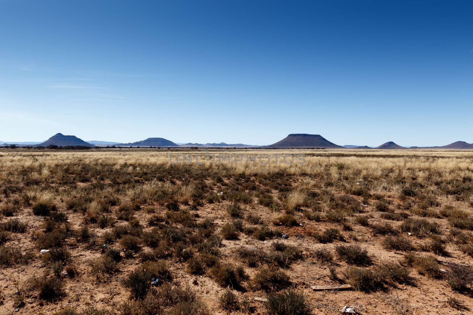 Cradock with yellow fields and  mountains with blue sky in South Africa.