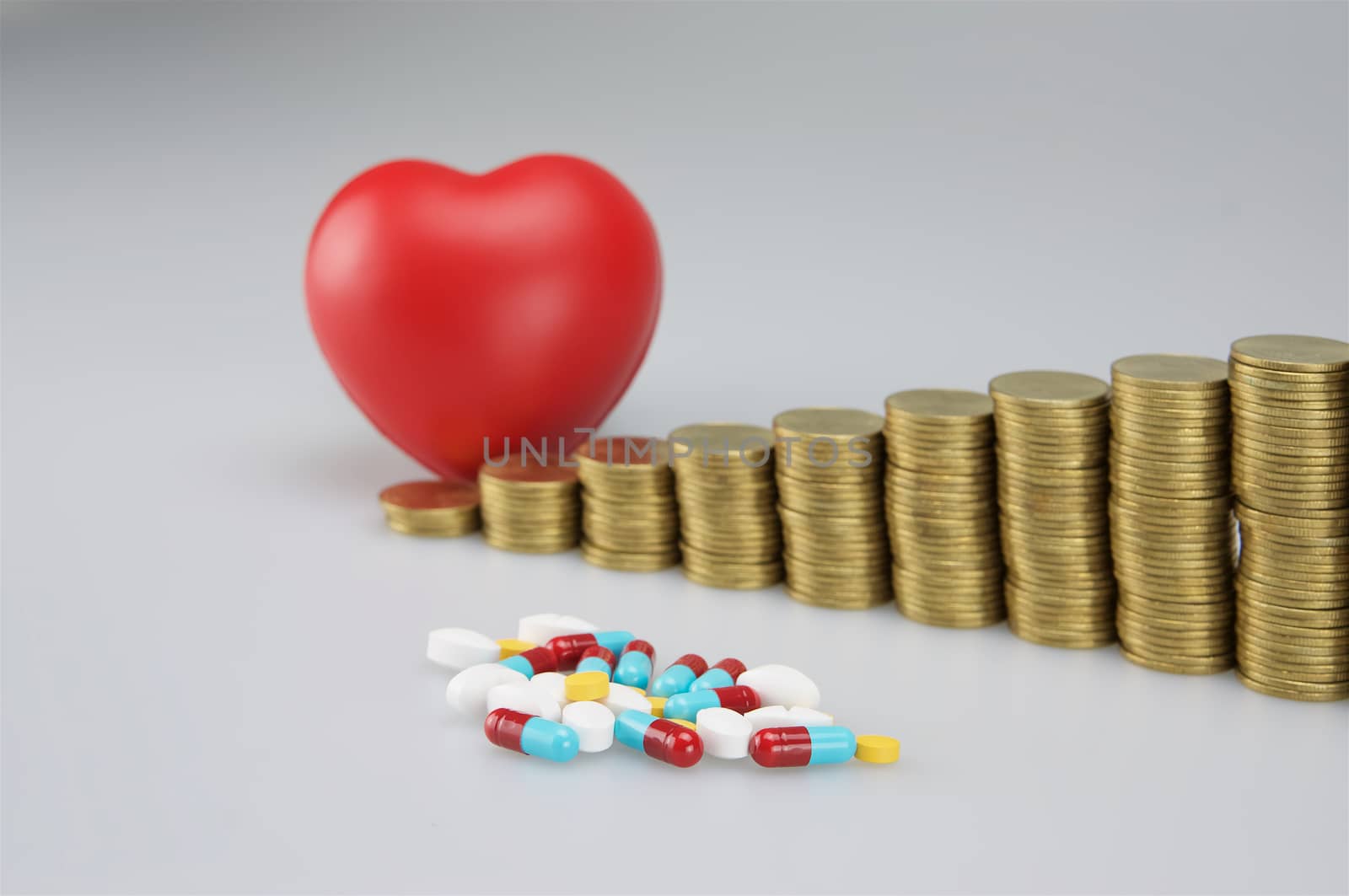 Stack of medicine and red heart with gold coins on white background.