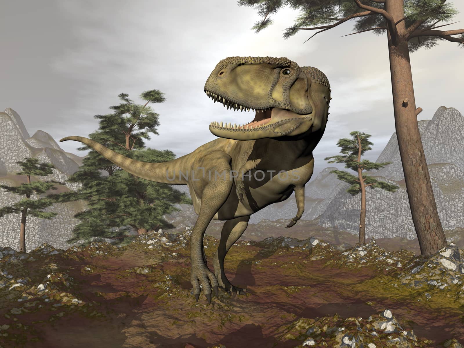 Abelosaurus dinosaur walking in the mountain among pine trees by cloudy day - 3D render