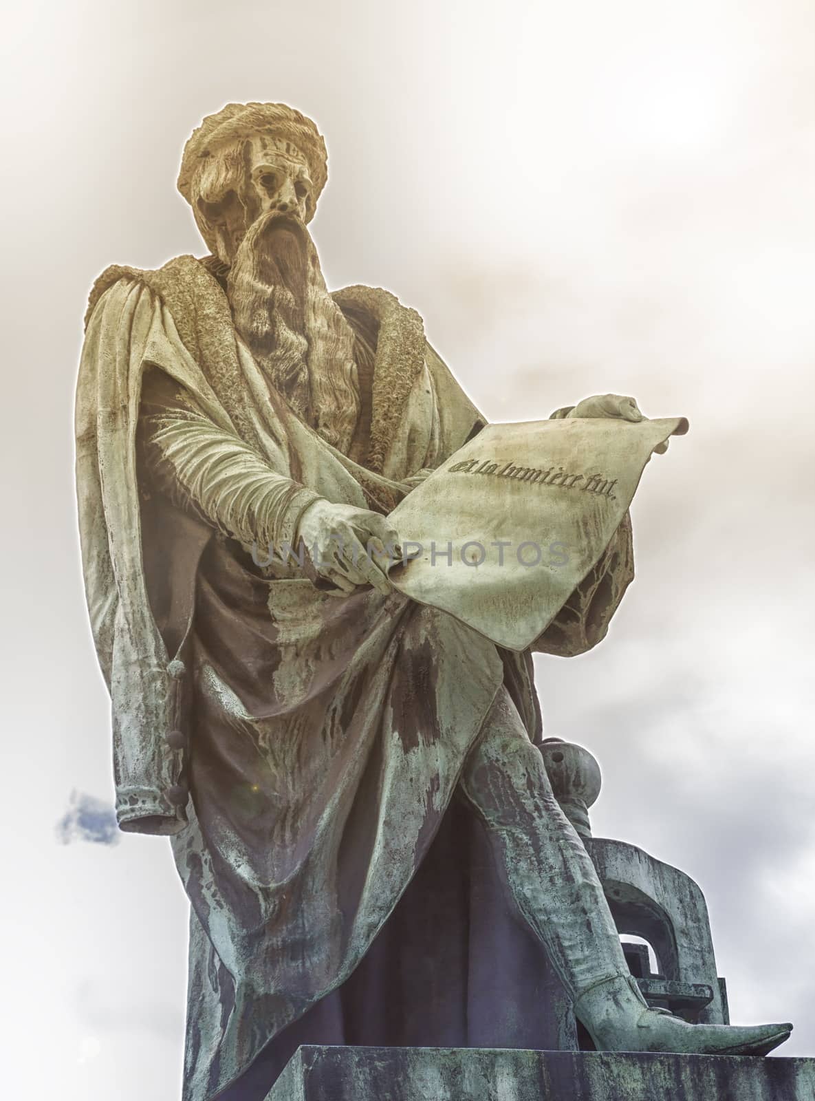 Johannes Gutenberg statue holding a parchment , Strasbourg, France