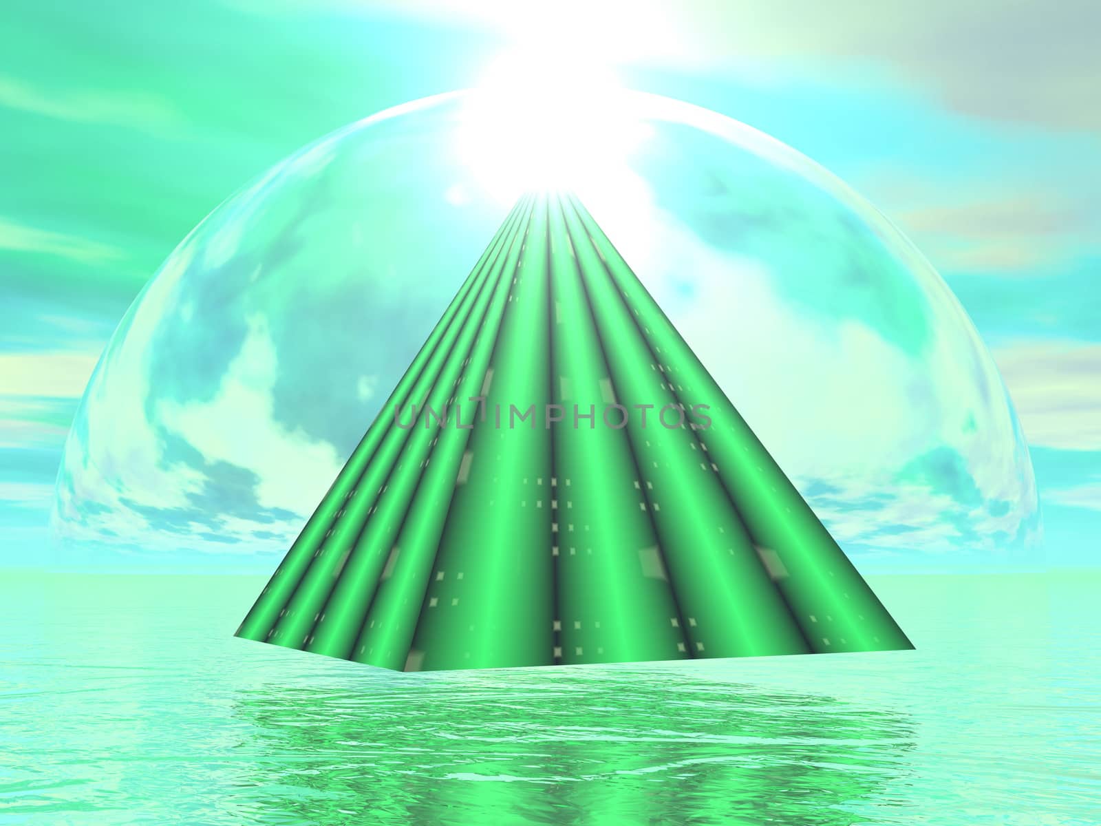 Pyramid upon water and leading to the sun in green background - 3D render
