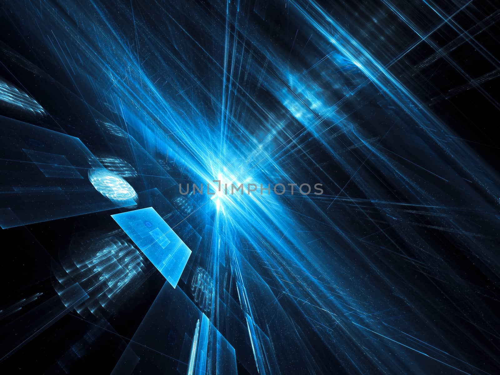 Sci-fi, technology or data science background - abstract computer-generated image. Fractal art: rays of light and perspective way. For web design, covers, posters.