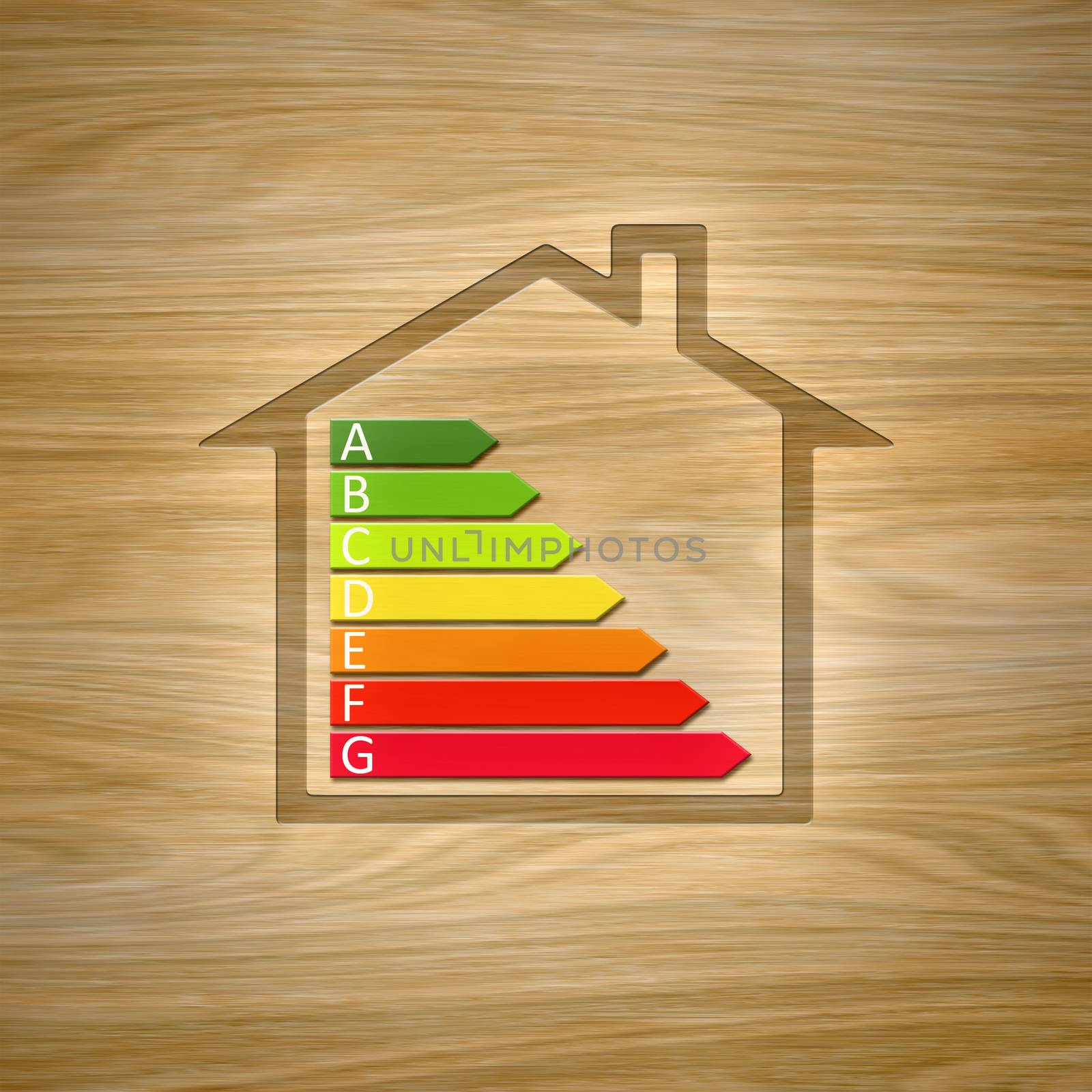 An image of a wooden house with energy efficiency graph