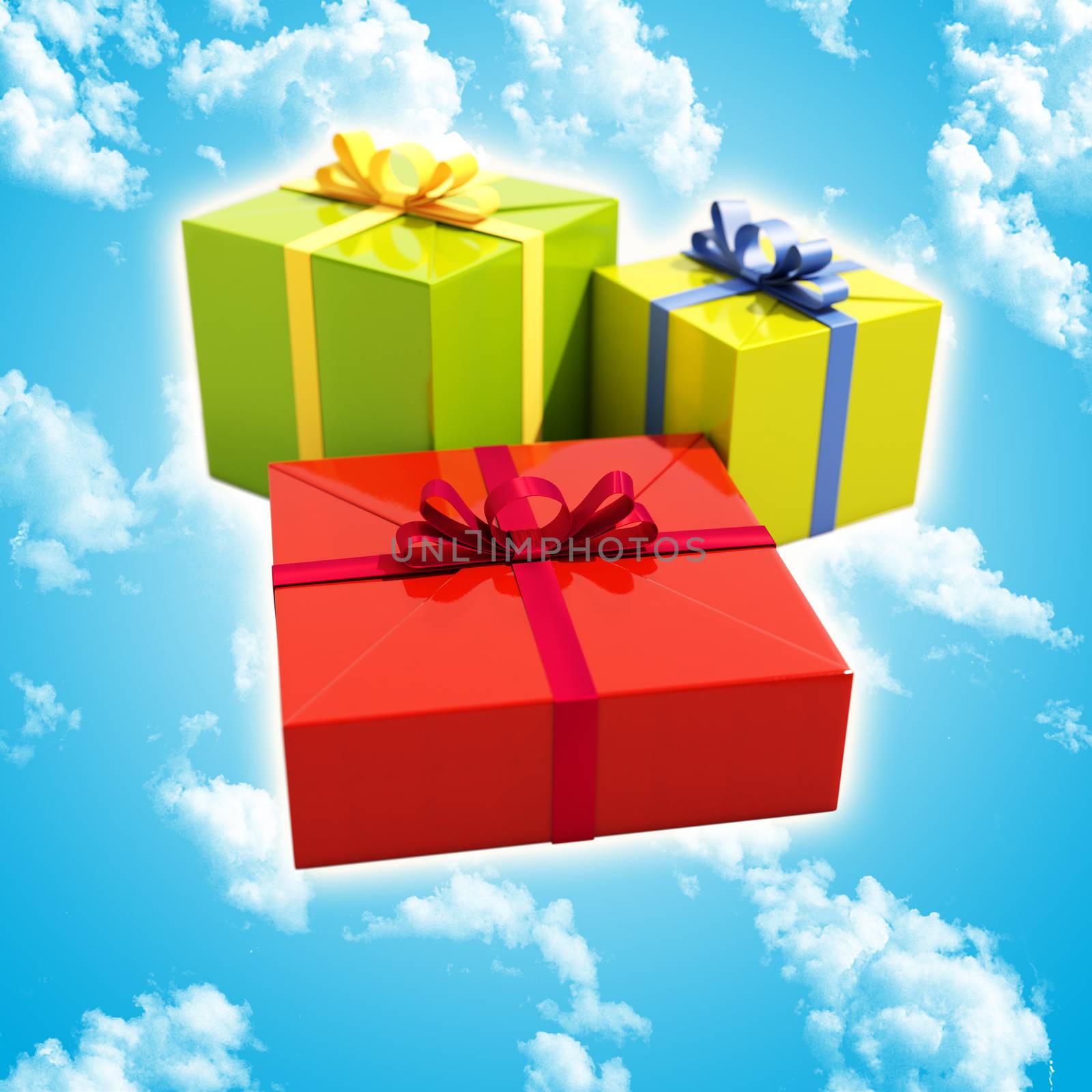 Three Gift Boxes with Ribbons Close Up, Shallow Depth of Field, Selective Focus, Gift Boxes for Xmas