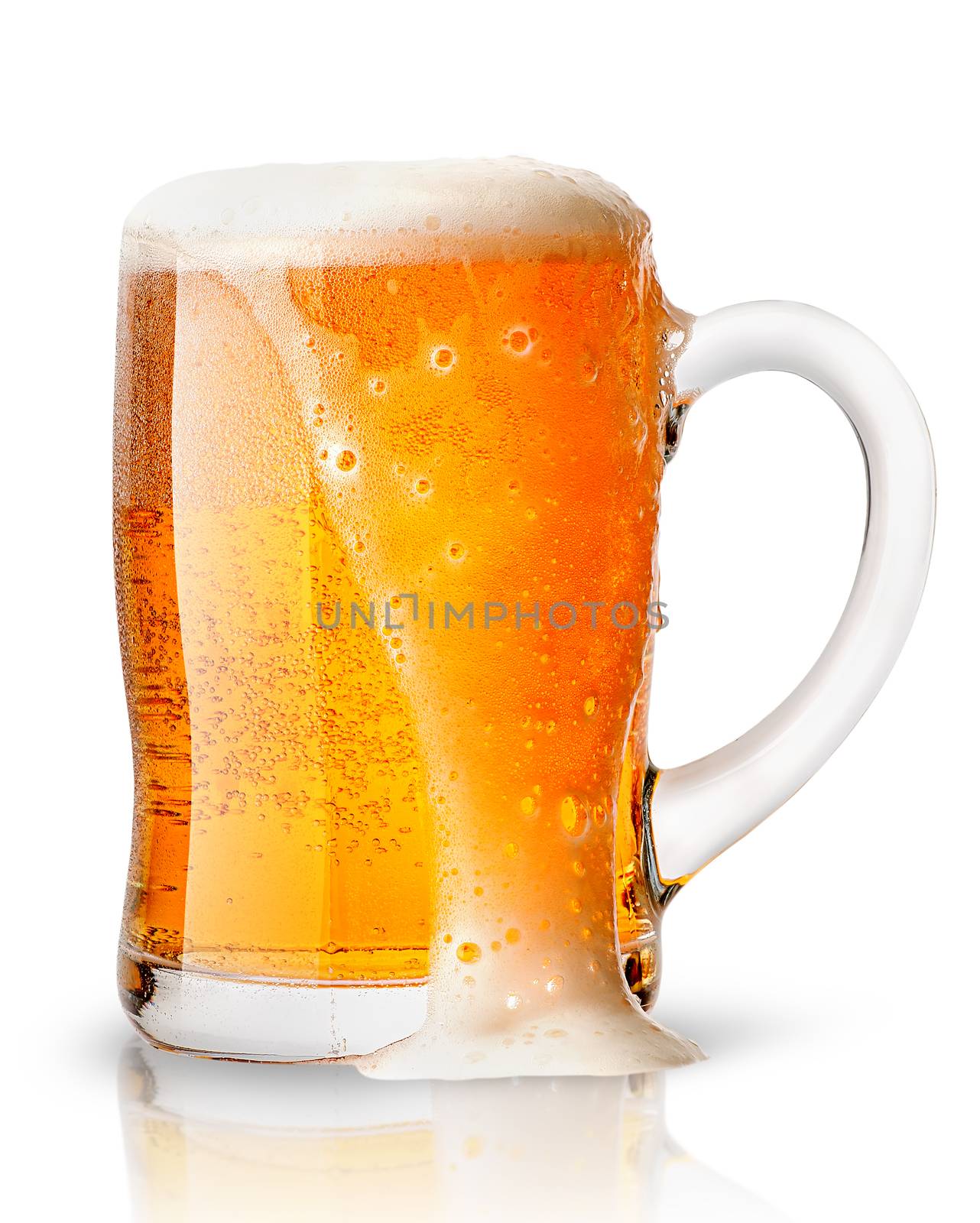 Light beer with foam in mug isolated on white background