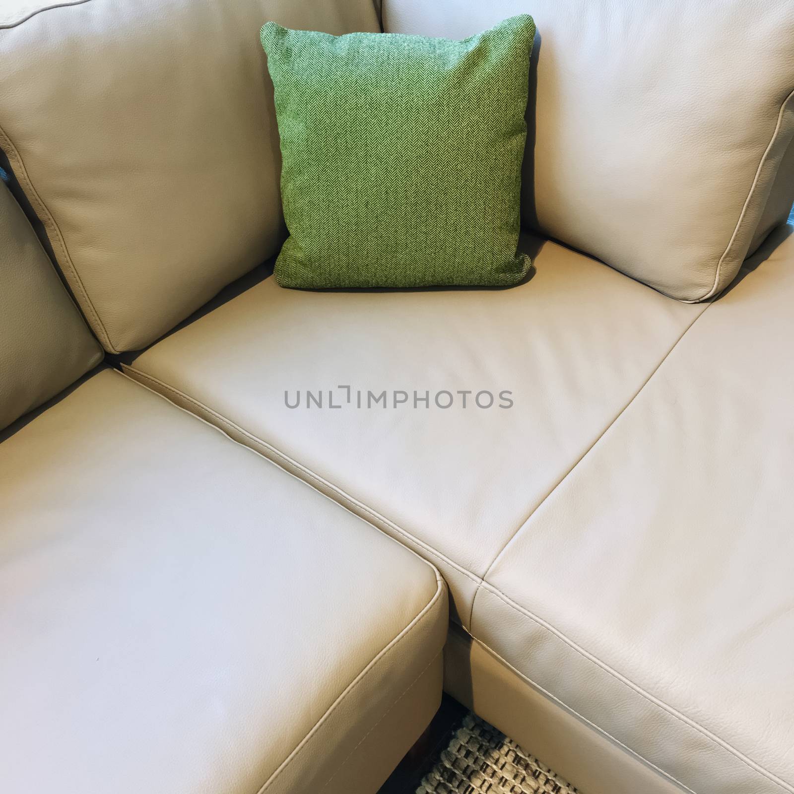 Gray corner sofa decorated with green cushion. Modern design.