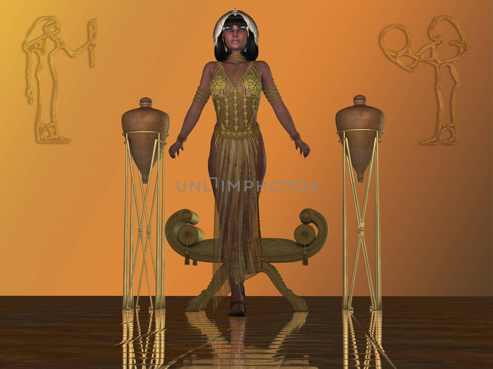 An Egyptian princess arises from a chair in a temple dressed in traditional gown and headdress from that era.