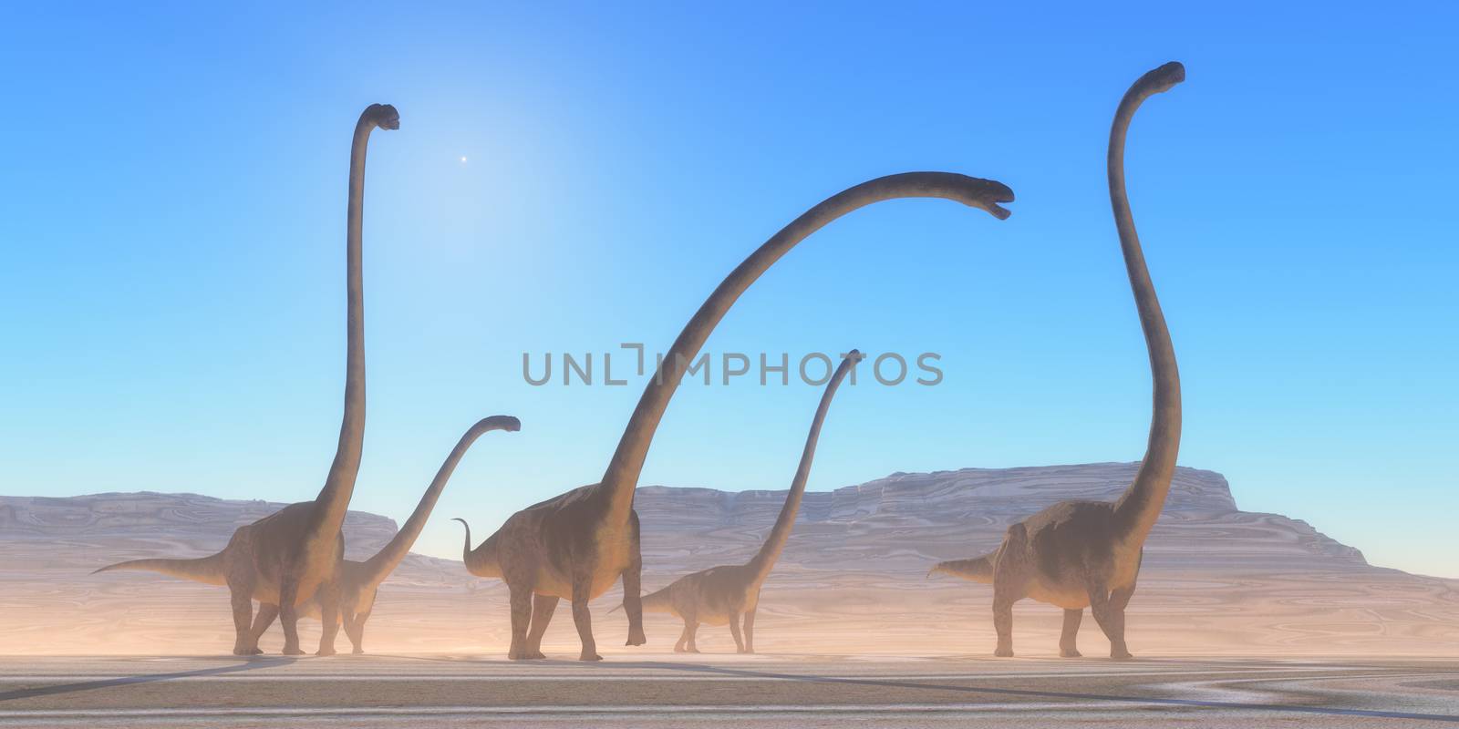 An Omeisaurus herd walks across a dry desert in their search for vegetation and water in the Jurassic Period.