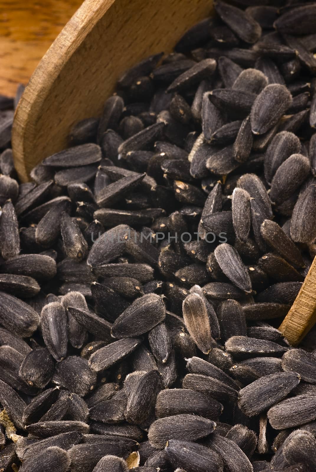 Close-up of sunflower seeds on wooden table