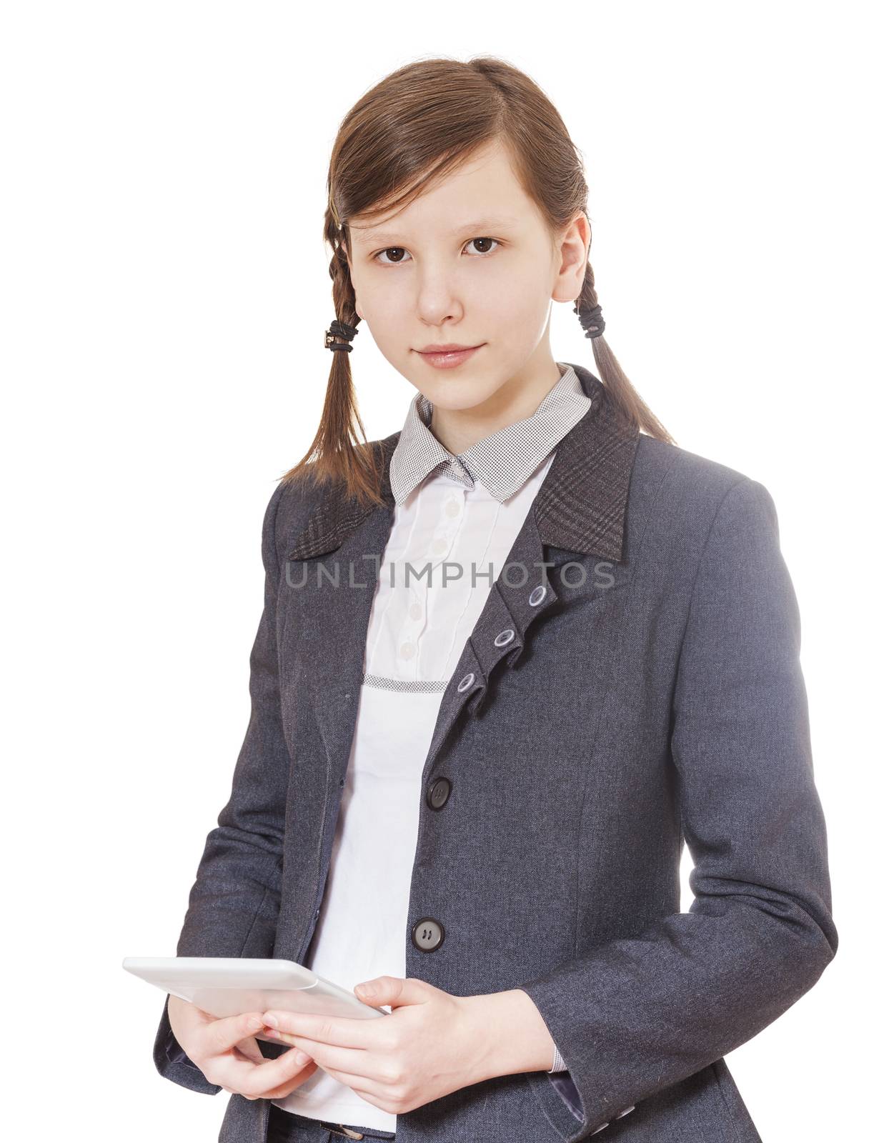teen girl holding e-book isolated Girl reading book