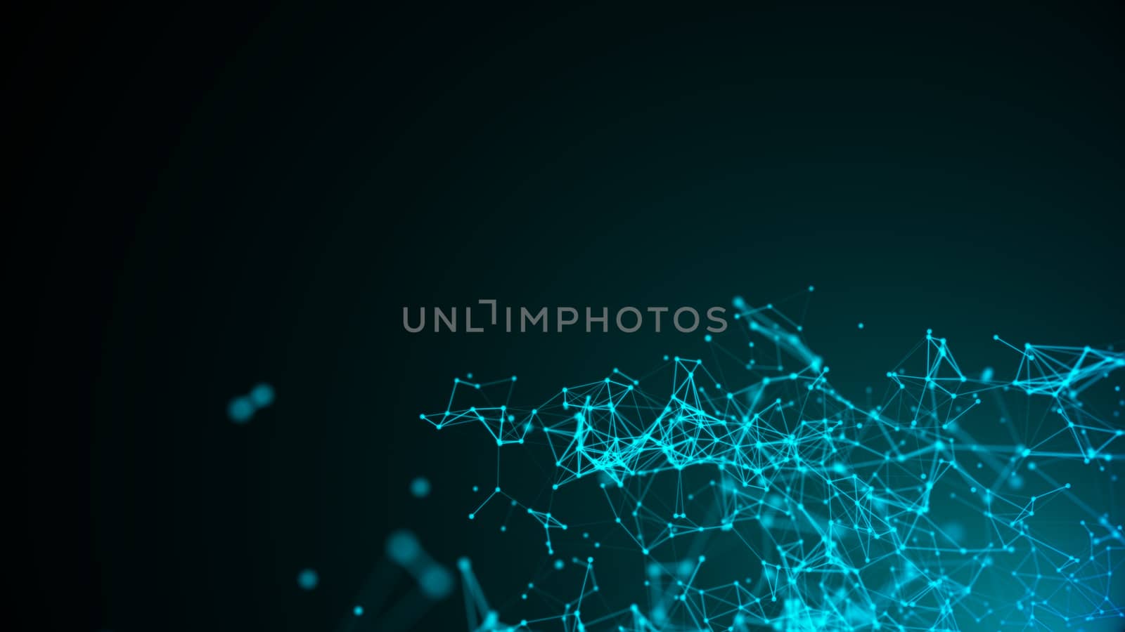 Abstract connected dots on bright blue background. Technology concept. 3d rendering