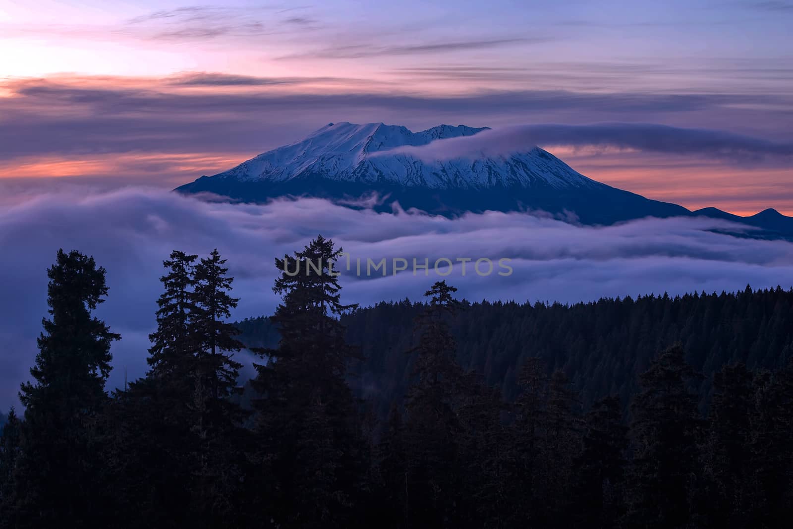 Mount Saint Helens with rolling fog low clouds over the mountain