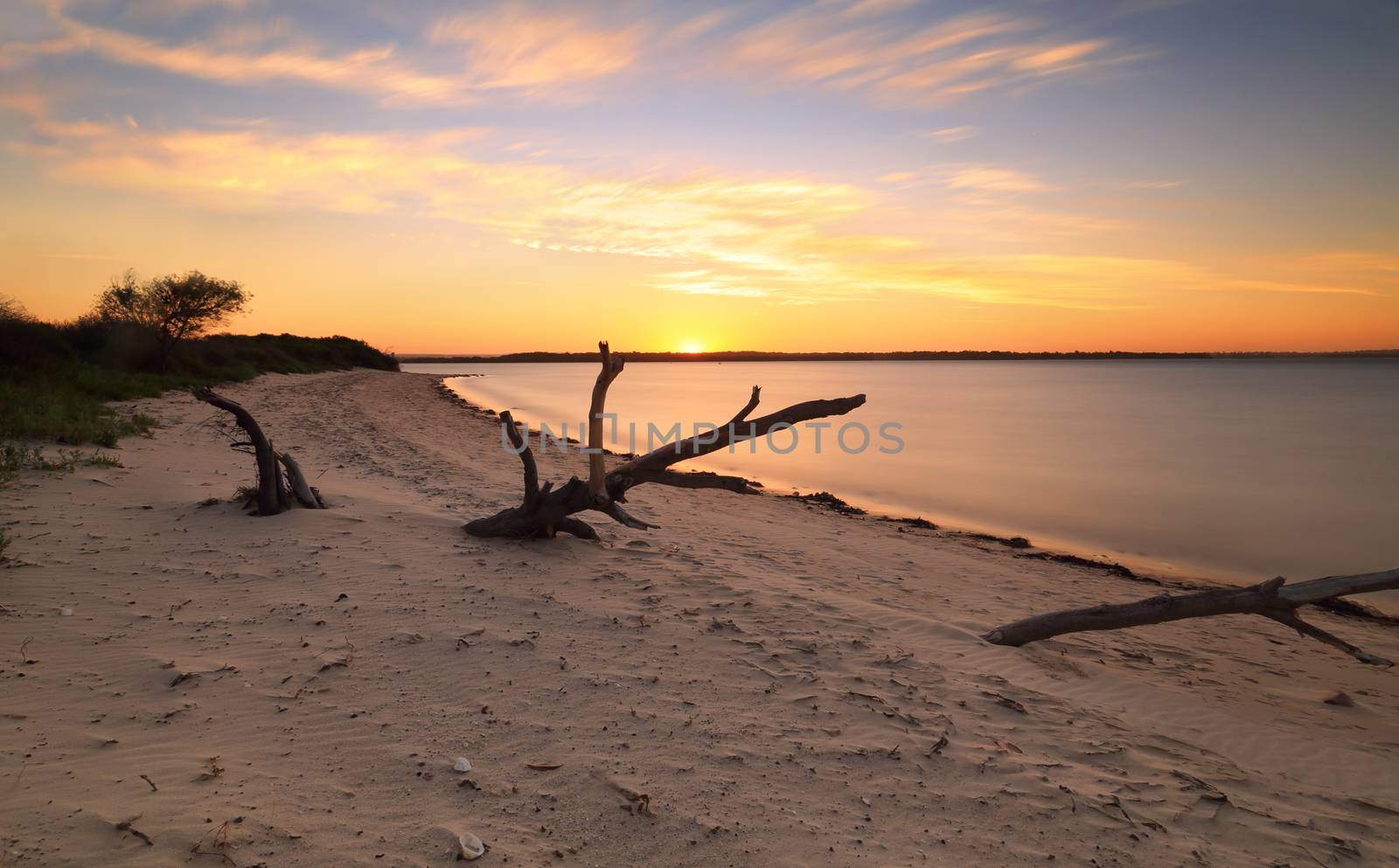 Beach views with driftwood, a long exposure capturing the last glimpse of the sun as it day draws to a close