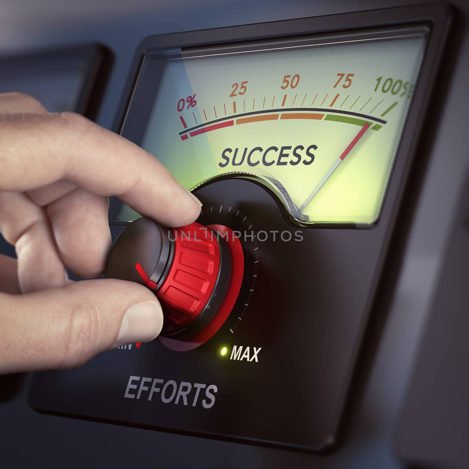 Hand turning an effort knob to the maximum for achieving success. Motivation concept. Composite image between a hand photography and a 3D background.
