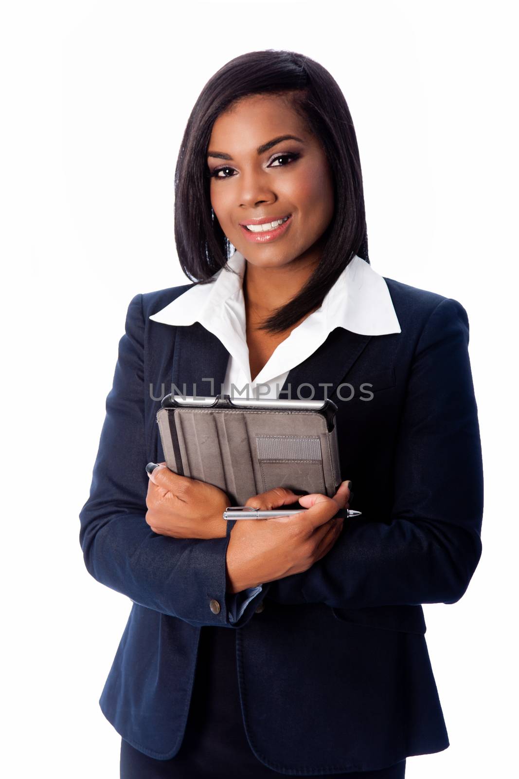 Happy smiling successful business woman standing with tablet and pen in arms, on white.