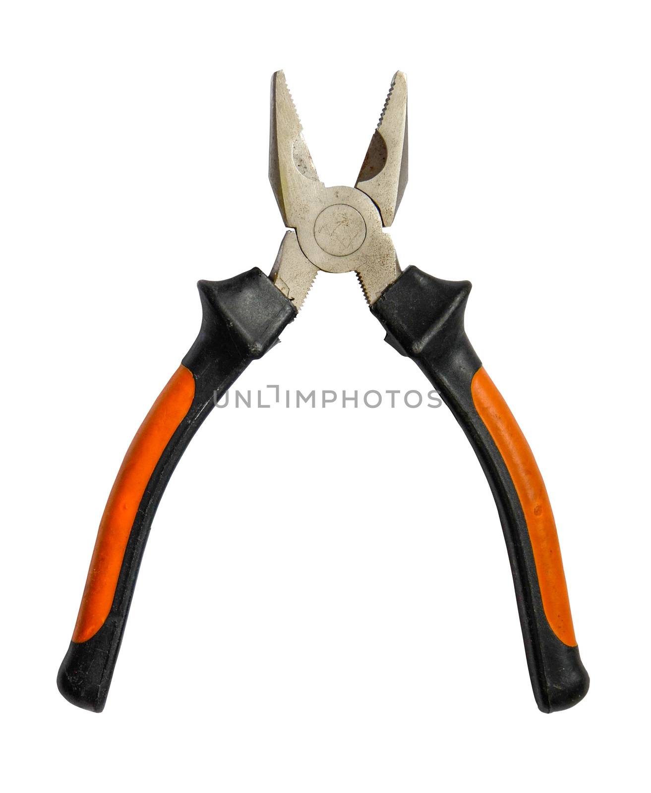 Iolated Grungy Pliers With Plastic Orange Handle On A White Background