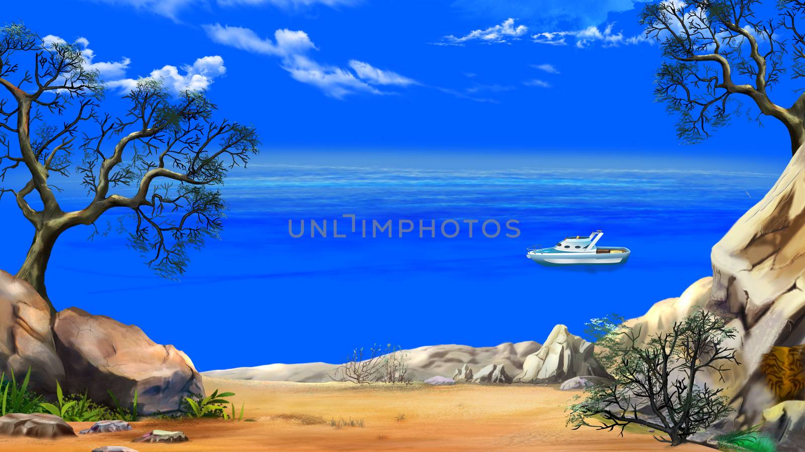 Sea View from the Cliff with modern yacht in a Summer day against the Deep Blue Sky. Digital Painting Background, Illustration in cartoon style character.