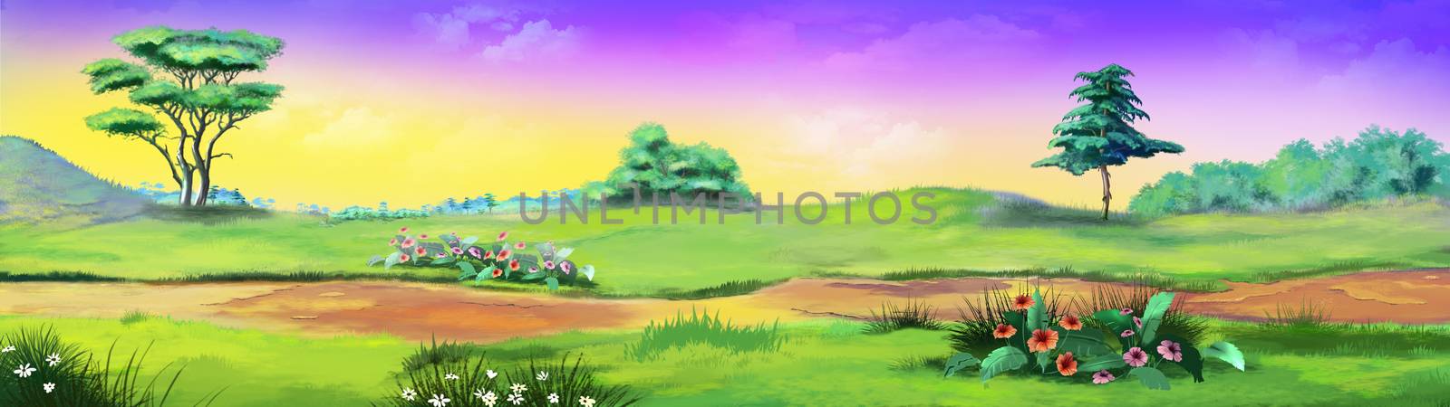 Rural landscape with path and flowers against purple sky in a Summer day. Digital Painting Background, Illustration in cartoon style character.