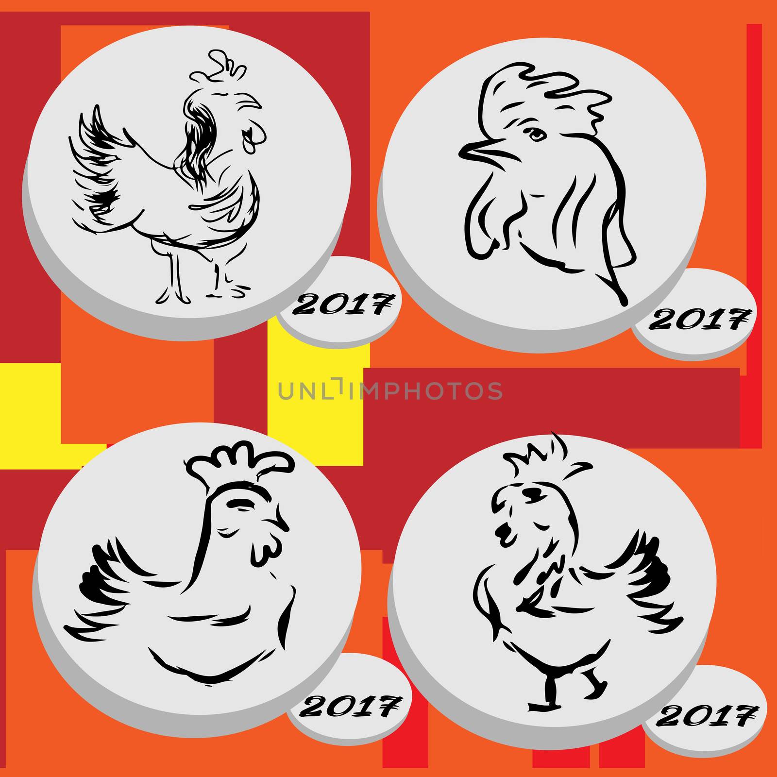 Rooster symbol of 2017 Chinese New Year calendar. Cartoon characters of cock or rooster. Rooster vector icon set. 2017 New Year illustration