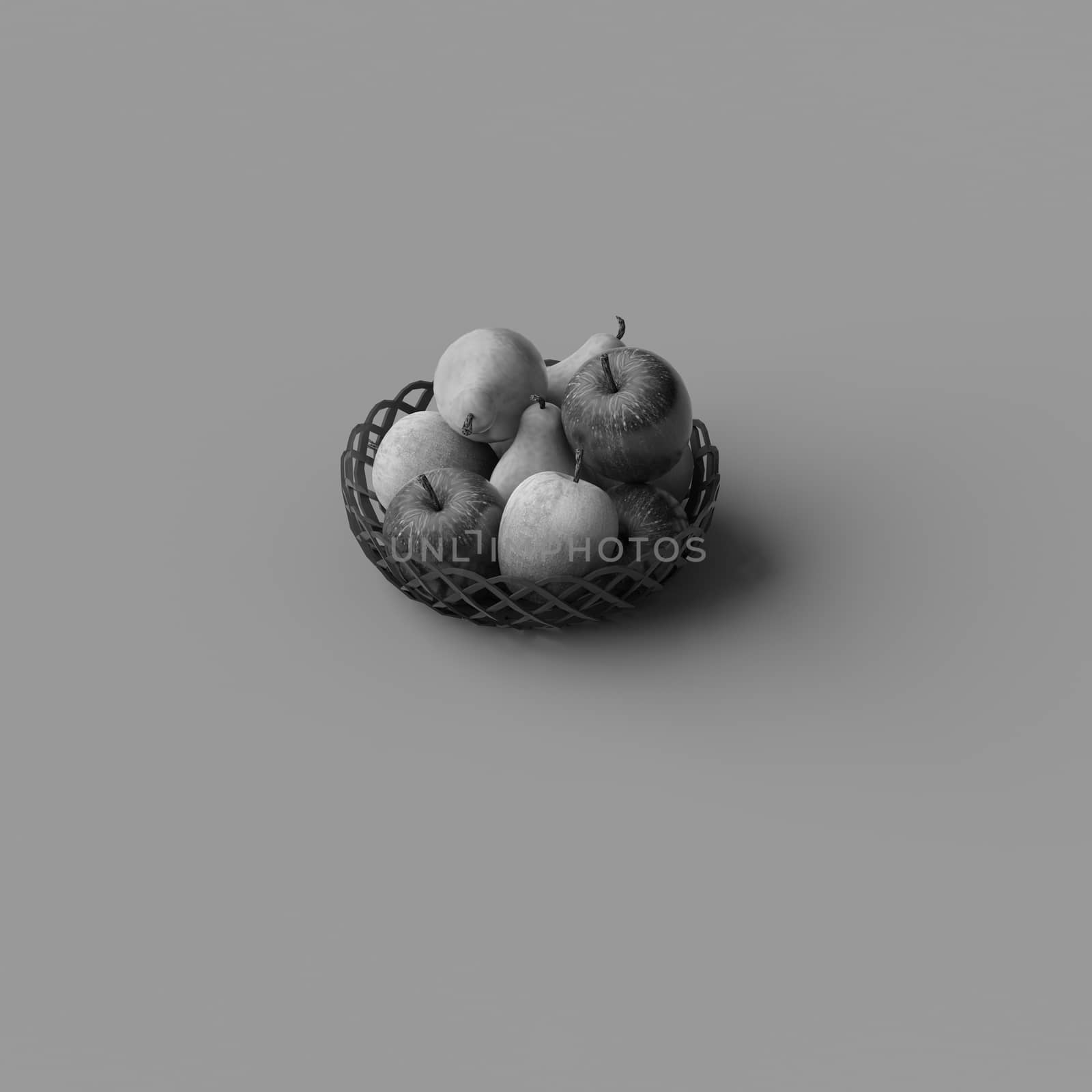 BLACK AND WHITE PHOTO OF 3D RENDERING OF RED AND GREEN APPLES ON PLAIN BACKGROUND