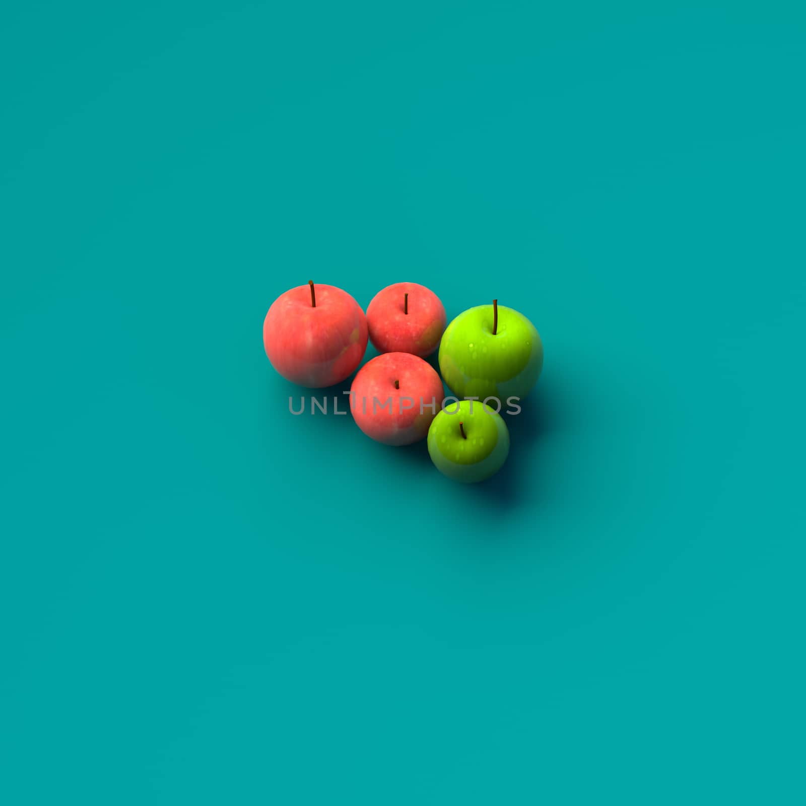 COLOR PHOTO OF 3D RENDERING OF RED APPLES AND GREEN PEARS IN BASKET ON PLAIN BACKGROUND