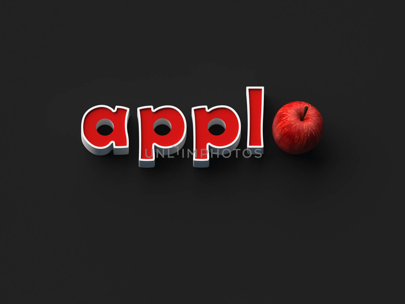 COLOR PHOTO OF 3D RENDERING WORDS 'appl' AND AN APPLE ON PLAIN BACKGROUND