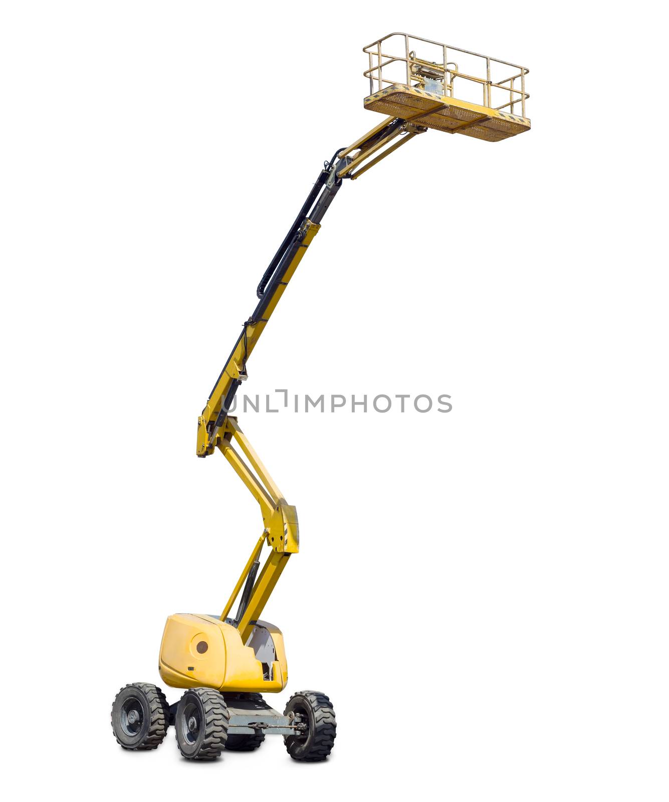 Yellow self propelled articulated wheeled articulated lift with telescoping boom and basket on a light background
