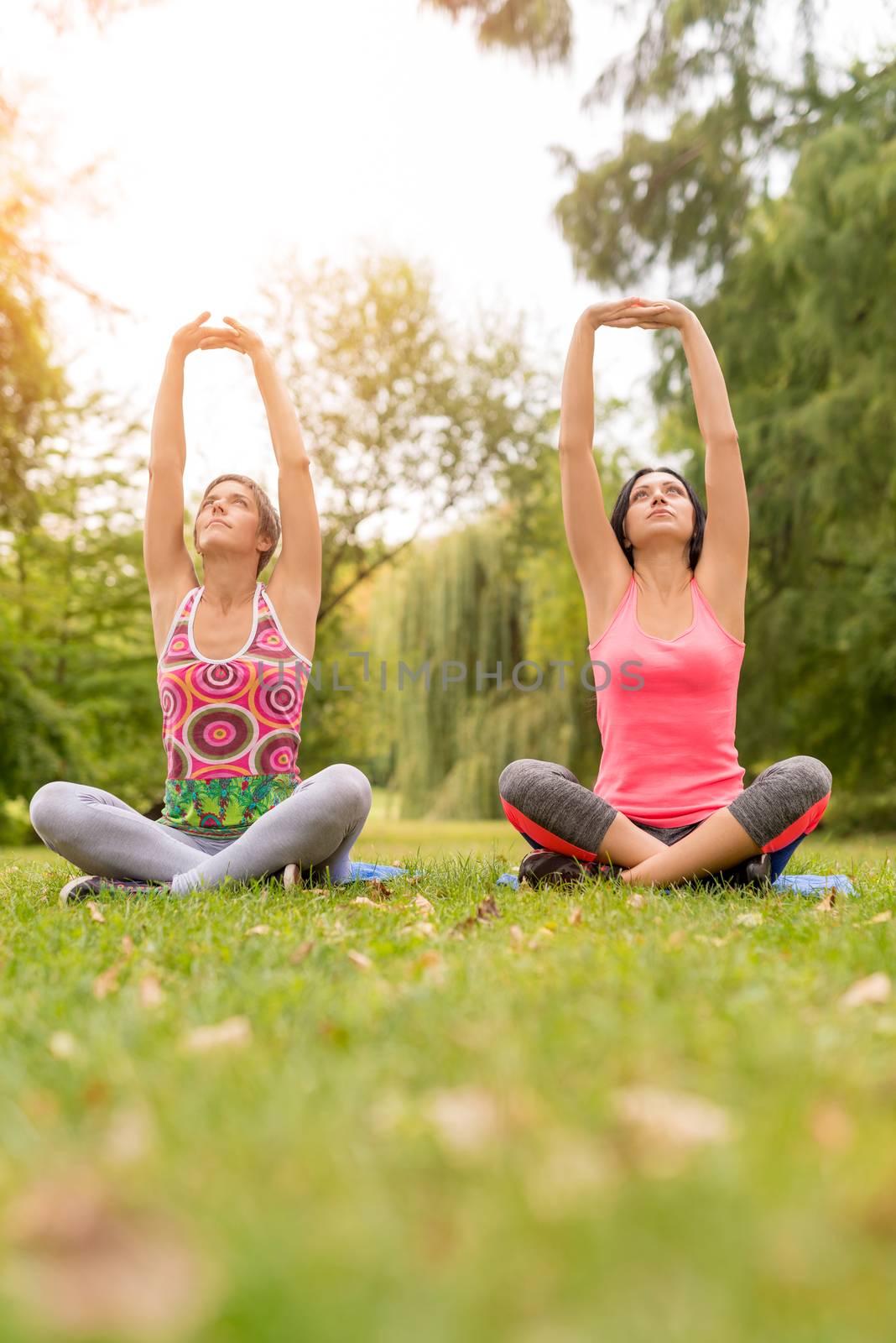Two beautiful women doing stretching exercise in the park. 