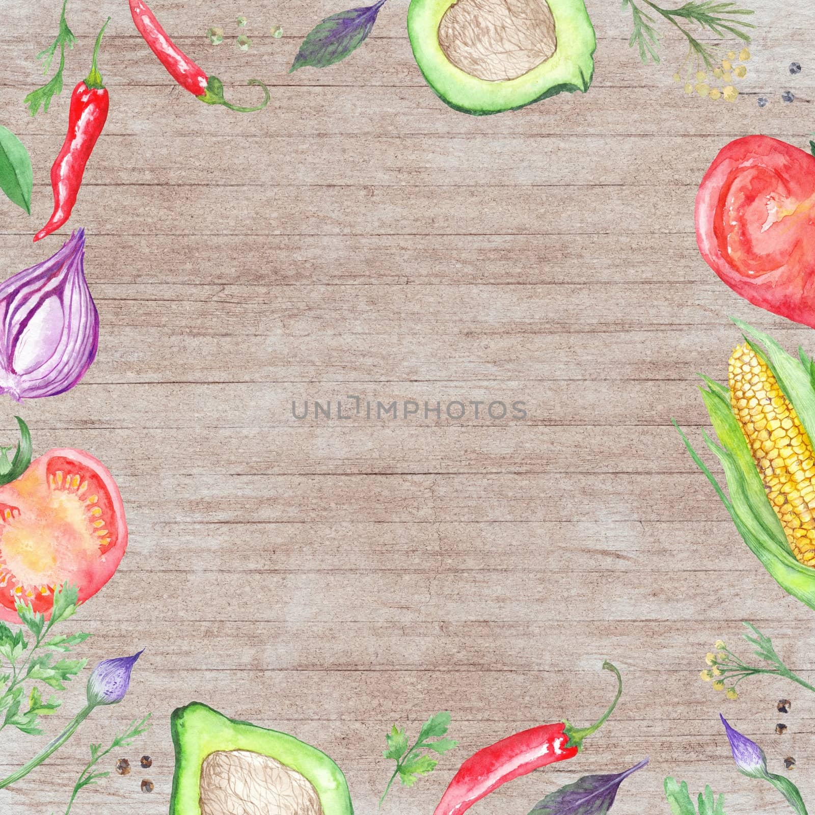 Wood table background with hand painted Vegetable border frame for kitchen and restaurant design