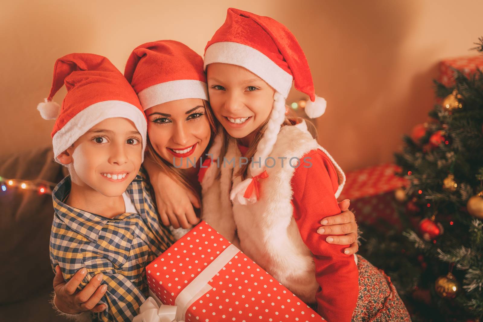 Cute smiling girl and boy give a present to their happy mother for Christmas or New Year at the home. Looking at camera.