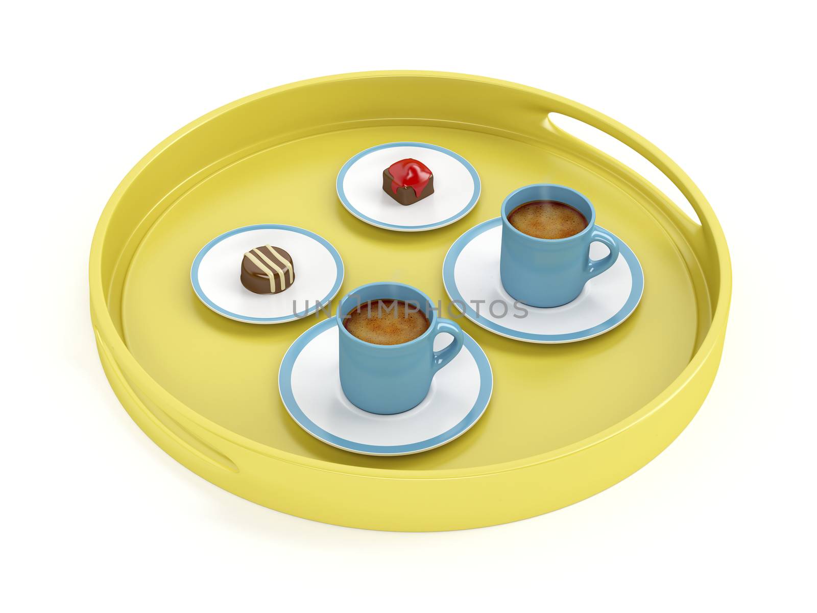 Plastic tray with espresso coffee cups and chocolate candies on white background