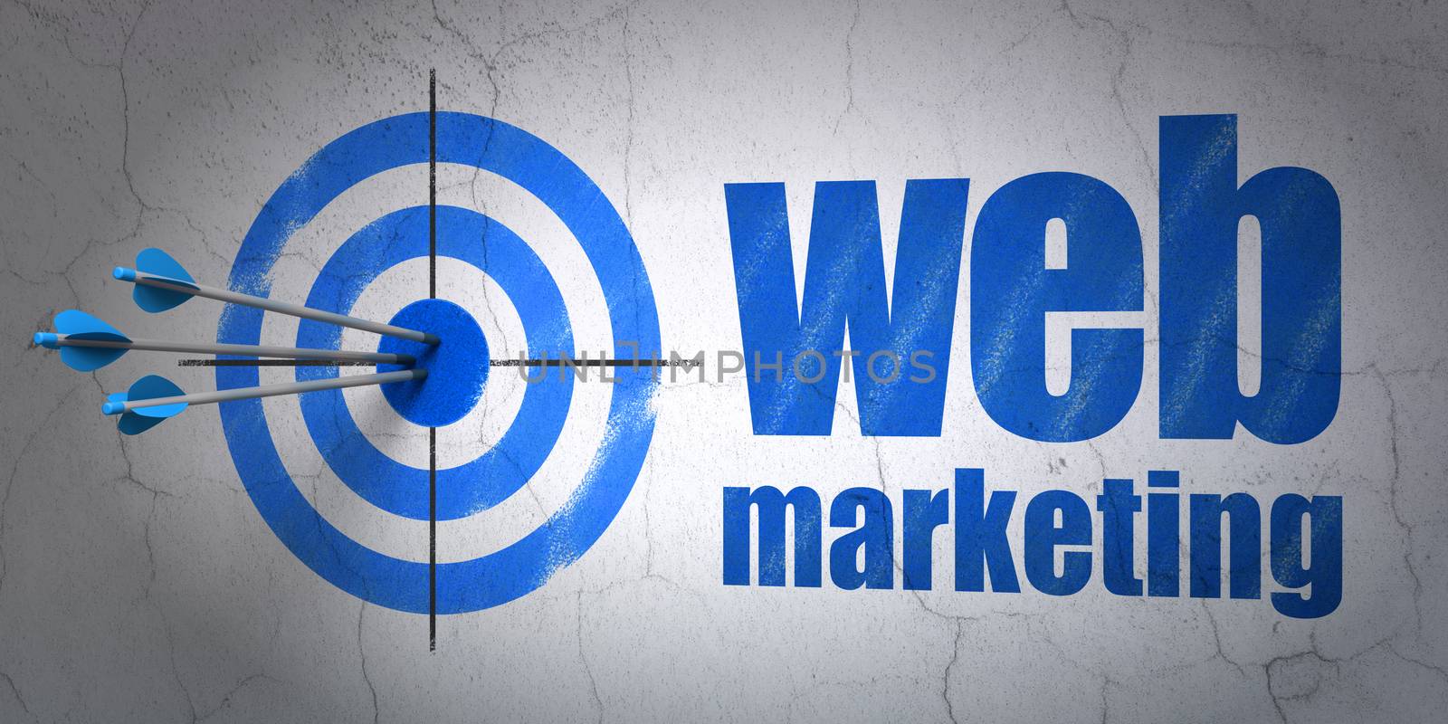 Success web development concept: arrows hitting the center of target, Blue Web Marketing on wall background, 3D rendering