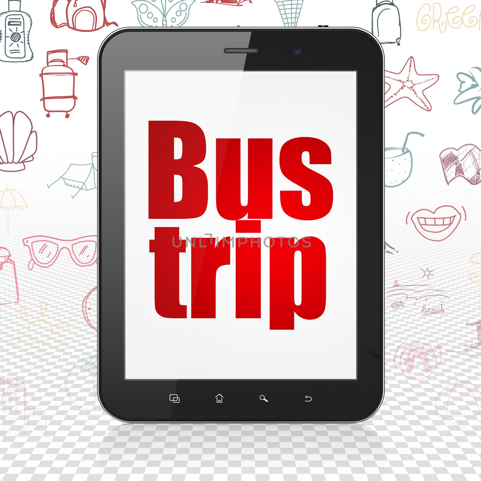 Vacation concept: Tablet Computer with  red text Bus Trip on display,  Hand Drawn Vacation Icons background, 3D rendering