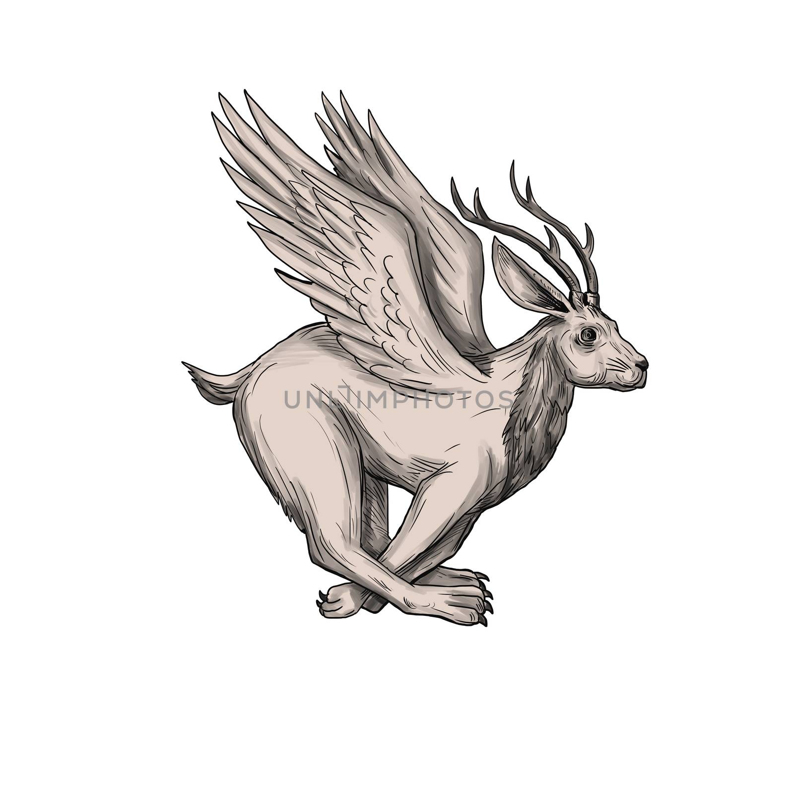 Tattoo style illustration of a Wolpertinger, in Bavarian folklore, a mythical hare with antlers, fangs and wings running viewed from the side set on isolated white background. 