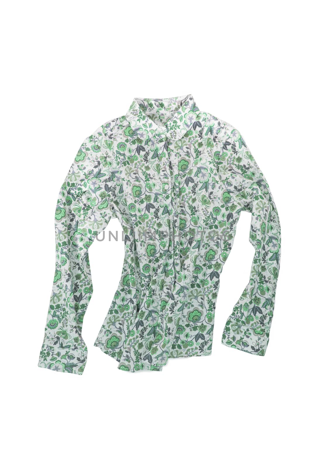 Female shirt, blouse with bright floral pattern, isolated on white background.