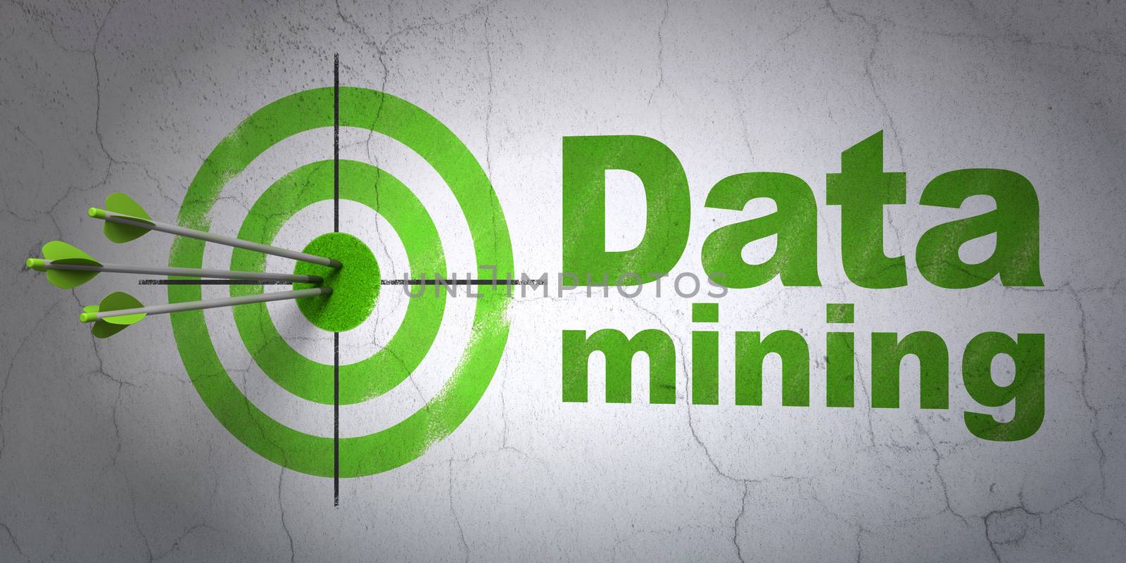 Success Data concept: arrows hitting the center of target, Green Data Mining on wall background, 3D rendering