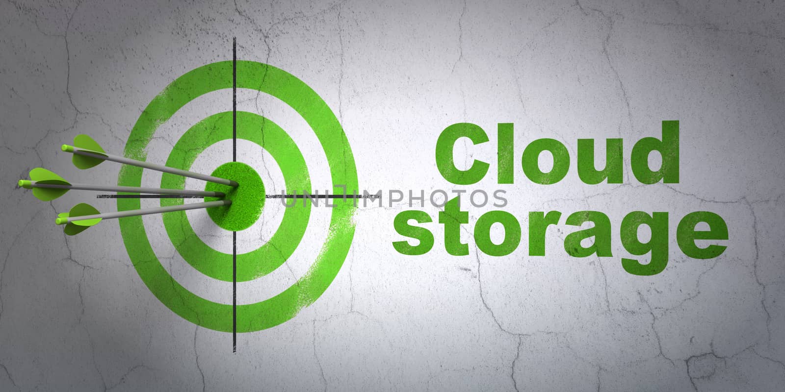 Success security concept: arrows hitting the center of target, Green Cloud Storage on wall background, 3D rendering
