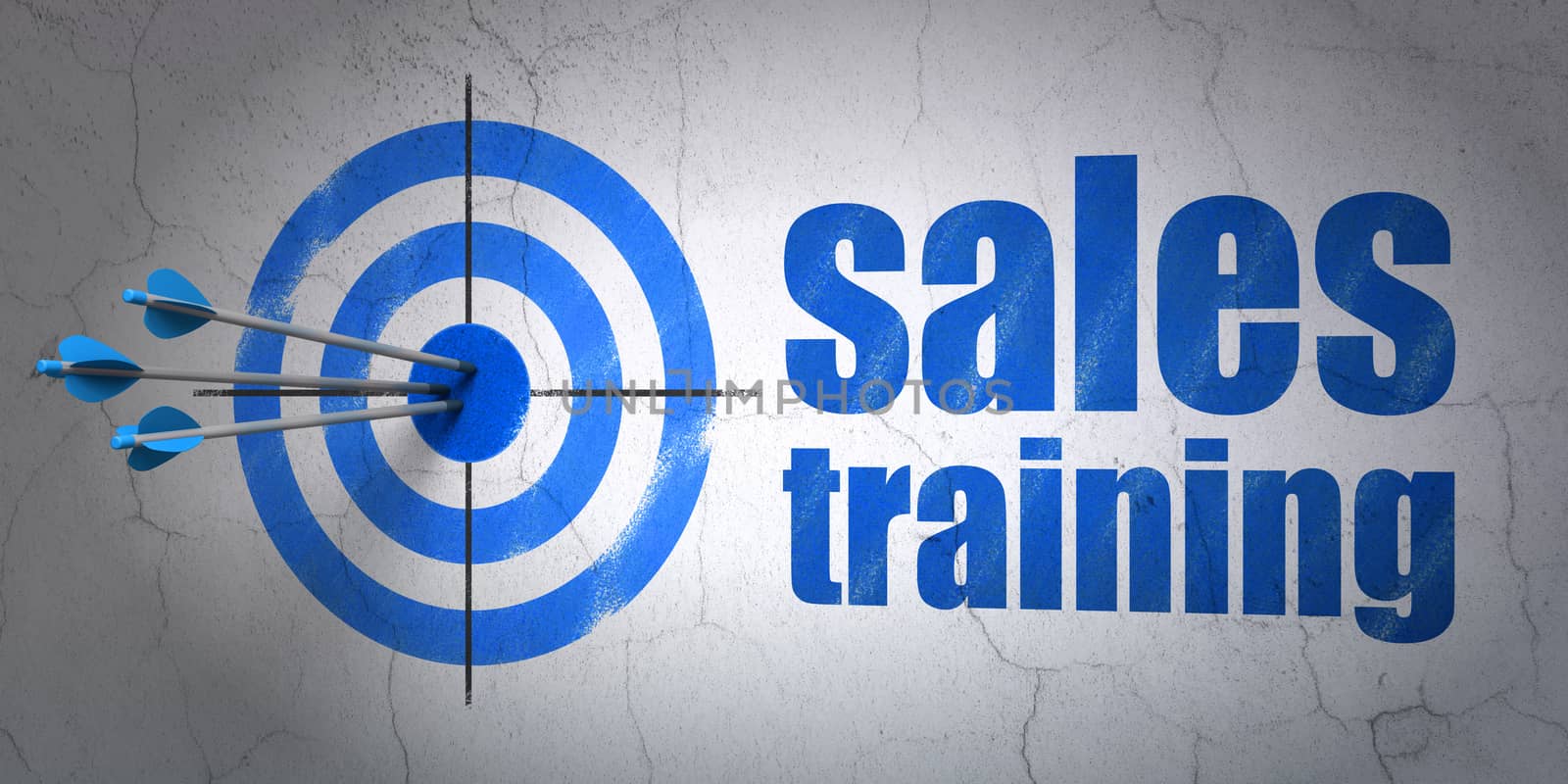 Success marketing concept: arrows hitting the center of target, Blue Sales Training on wall background, 3D rendering