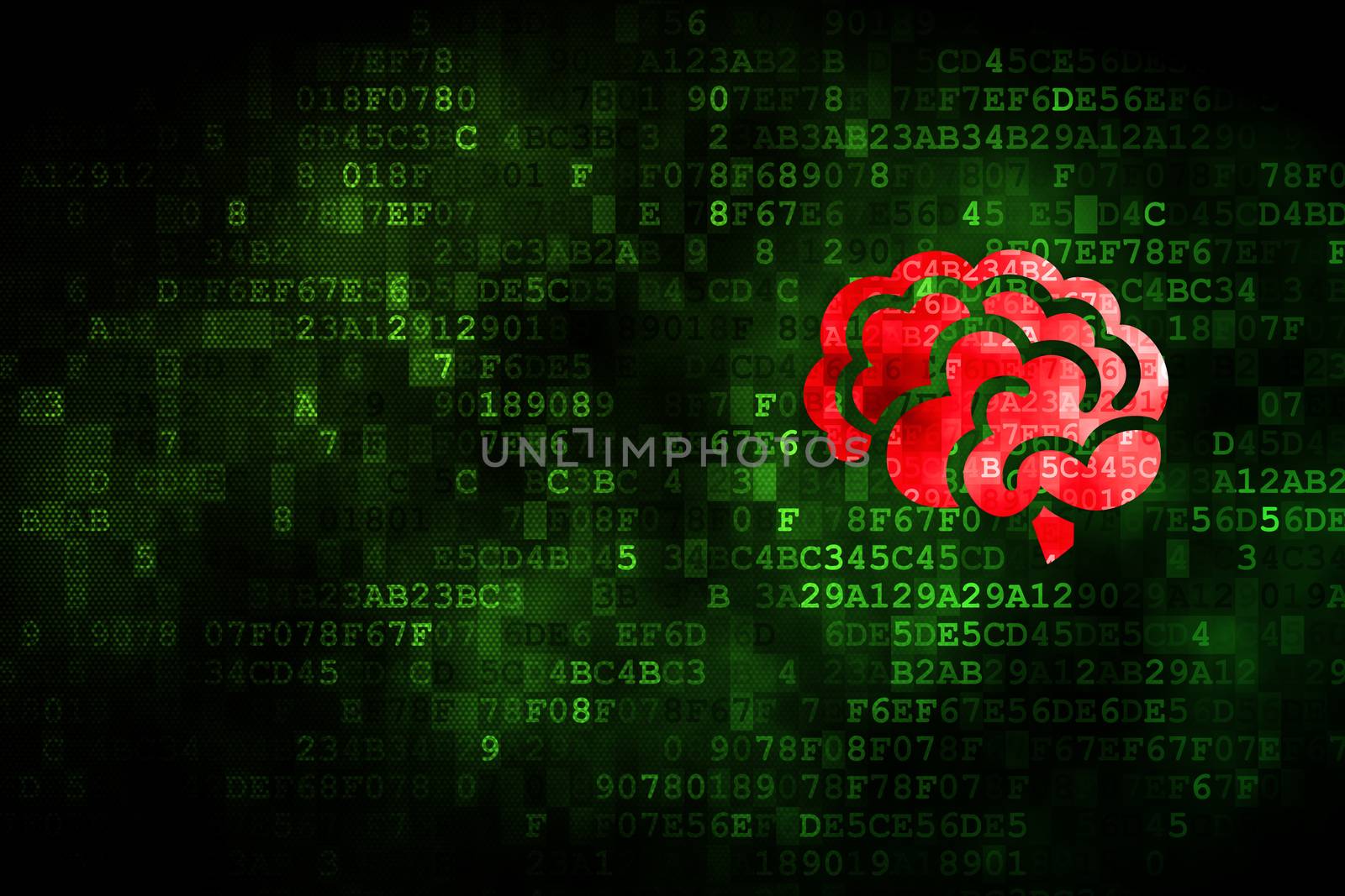 Science concept: pixelated Brain icon on digital background, empty copyspace for card, text, advertising