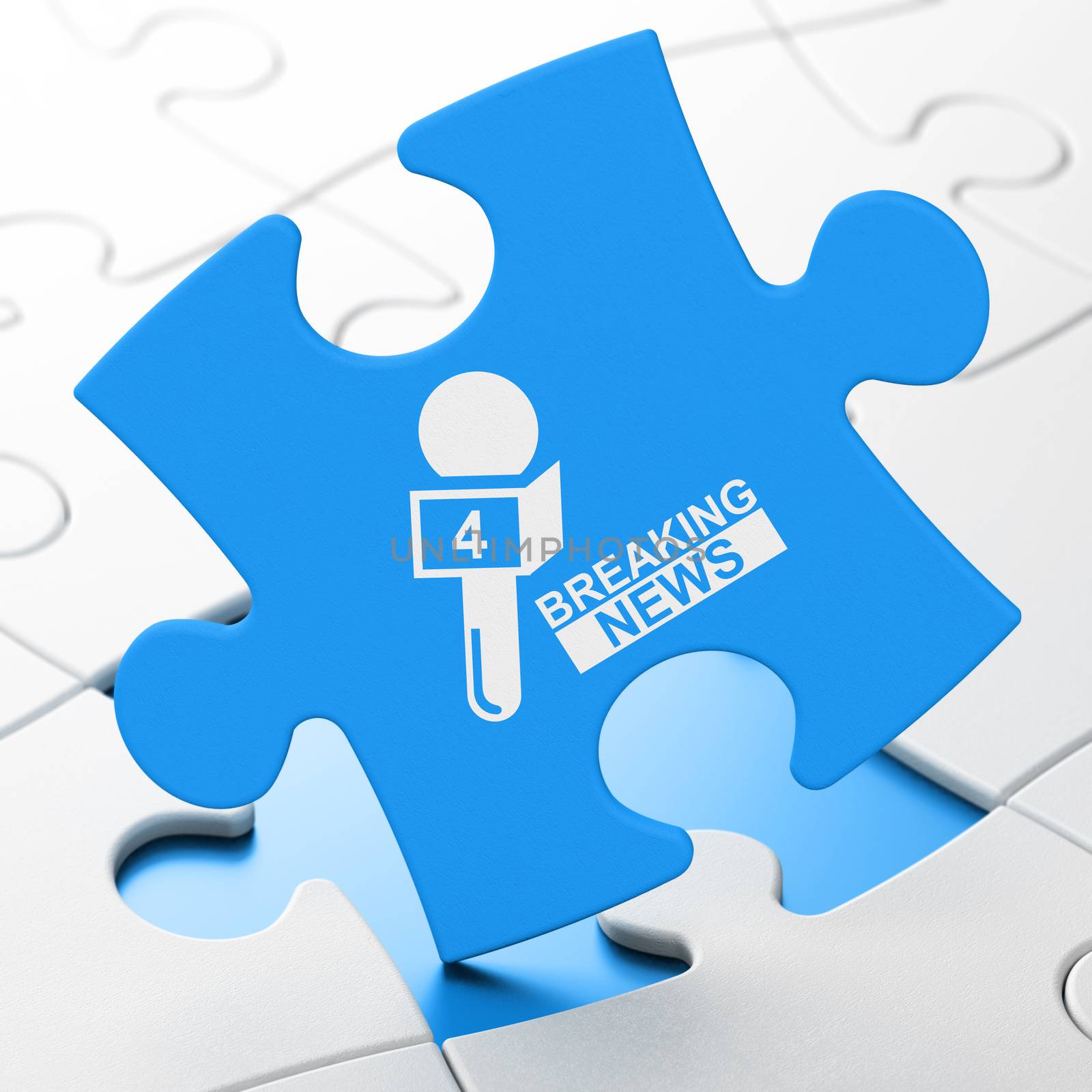 News concept: Breaking News And Microphone on Blue puzzle pieces background, 3D rendering