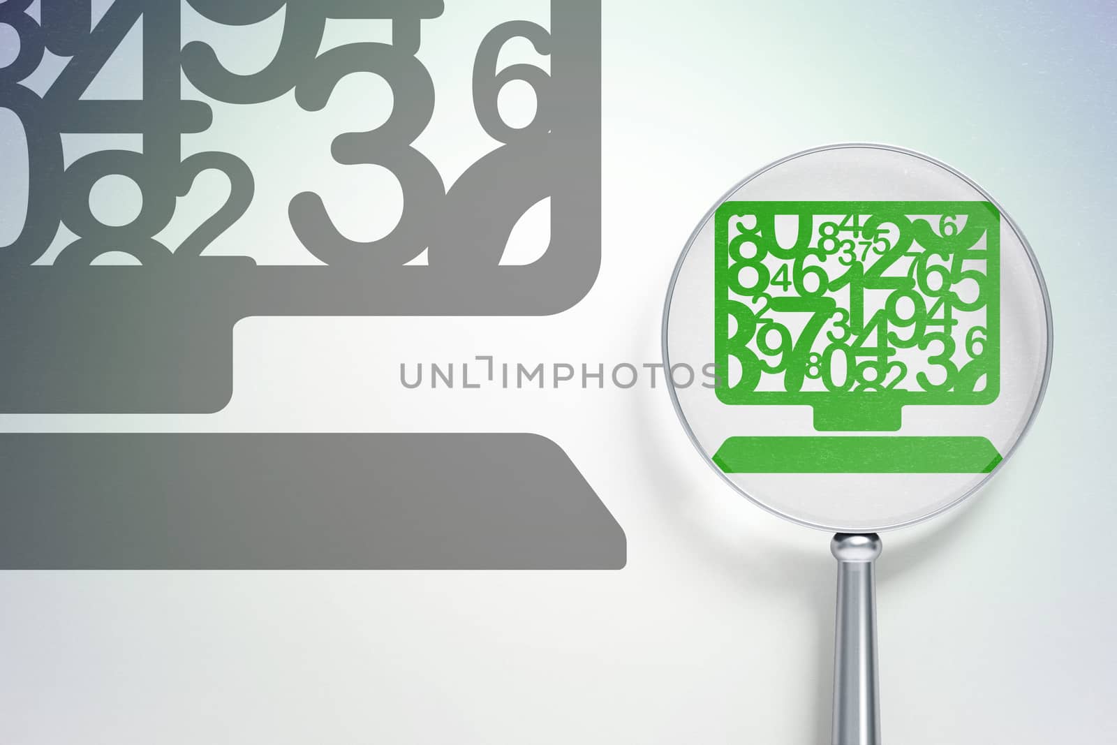 Education concept: magnifying optical glass with Computer Pc icon on digital background, empty copyspace for card, text, advertising, 3D rendering